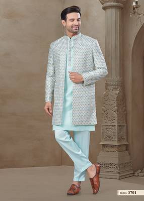 Sky blue fancy silk kurta pyjama with jacquard silk modi jacket indo western for mens wear 2