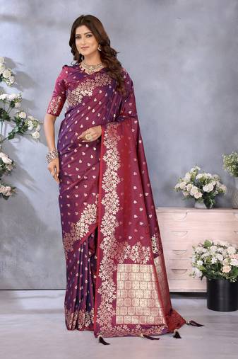 Wine banarasi silk blend jacquard weaving saree