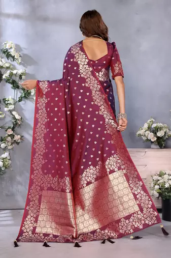 Wine faux banarasi silk blend jacquard weaving saree