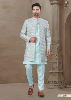 Sky blue fancy silk kurta pyjama with jacquard silk modi jacket indo western for mens wear 3