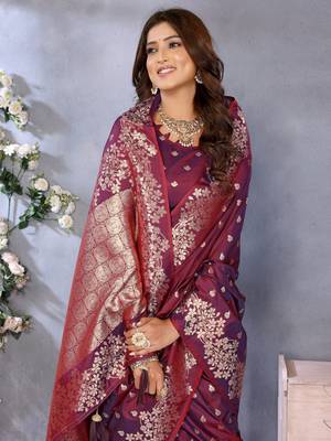 Wine faux banarasi silk blend jacquard weaving saree 3