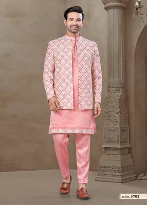 Pink fancy silk kurta pyjama with jacquard silk modi jacket indo western for mens wear 1