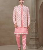 Pink fancy silk kurta pyjama with jacquard silk modi jacket indo western for mens wear