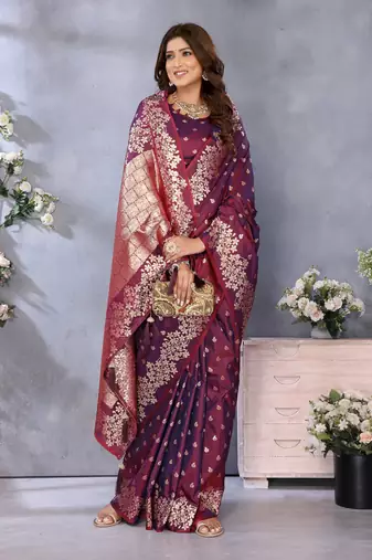 Wine faux banarasi silk blend jacquard weaving saree