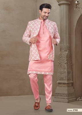 Pink fancy silk kurta pyjama with jacquard silk modi jacket indo western for mens wear 2