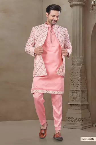 Pink fancy silk kurta pyjama with jacquard silk modi jacket indo western for mens wear