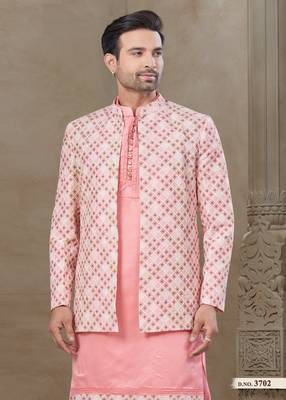 Pink fancy silk kurta pyjama with jacquard silk modi jacket indo western for mens wear 3