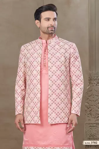 Pink fancy silk kurta pyjama with jacquard silk modi jacket indo western for mens wear