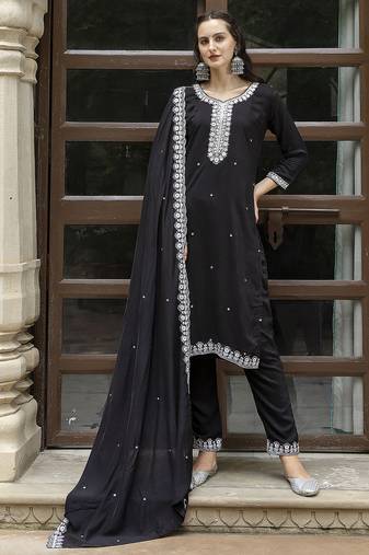 Black embroidered viscose roman silk salwar suit