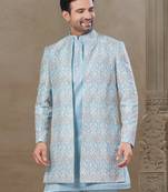 Sky blue fancy silk kurta pyjama with jacquard silk modi jacket indo western for mens wear