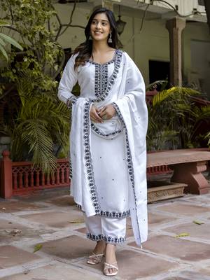 White embroidered viscose roman silk salwar suit 1