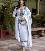 White embroidered viscose roman silk salwar suit