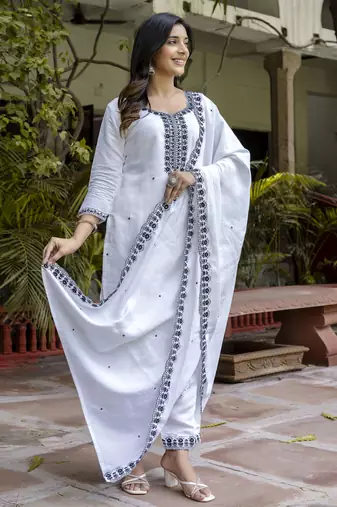 White embroidered viscose roman silk salwar suit