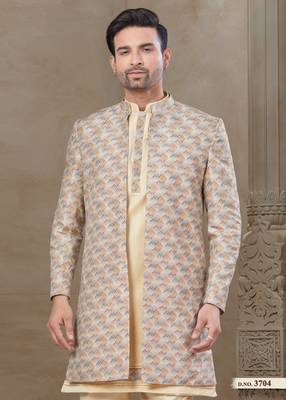 Gold fancy silk kurta pyjama with jacquard silk modi jacket indo western for mens wear 2
