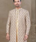 Gold fancy silk kurta pyjama with jacquard silk modi jacket indo western for mens wear