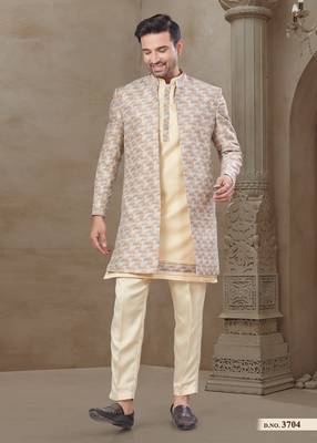 Gold fancy silk kurta pyjama with jacquard silk modi jacket indo western for mens wear 3