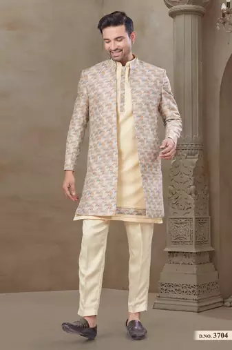 Gold fancy silk kurta pyjama with jacquard silk modi jacket indo western for mens wear