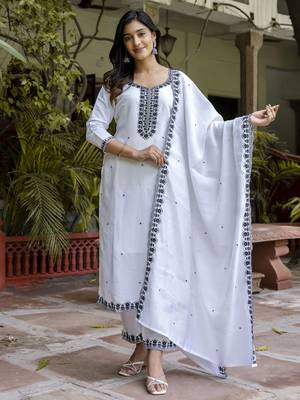 White embroidered viscose roman silk salwar suit 4