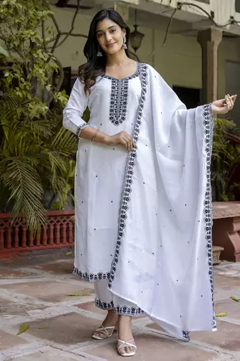 White embroidered viscose roman silk salwar suit