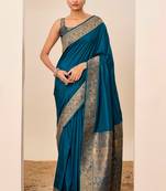 Teal blue dola silk blend woven saree