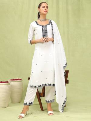 White embroidered viscose roman silk salwar suit 1