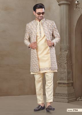 Gold fancy silk kurta pyjama with jacquard silk modi jacket indo western for mens wear 1