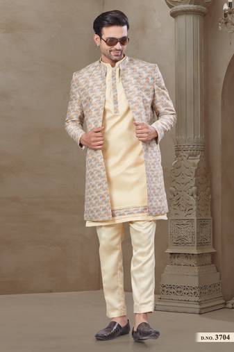 Gold fancy silk kurta pyjama with jacquard silk modi jacket indo western for mens wear