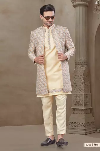 Gold fancy silk kurta pyjama with jacquard silk modi jacket indo western for mens wear