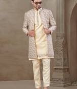 Gold fancy silk kurta pyjama with jacquard silk modi jacket indo western for mens wear