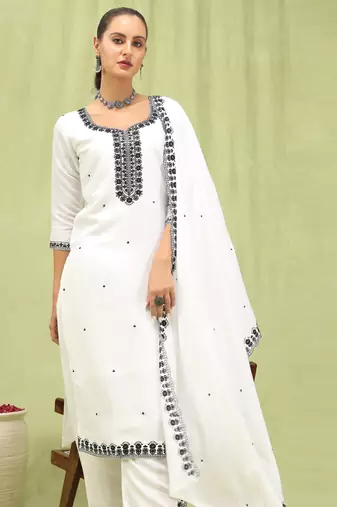 White embroidered viscose roman silk salwar suit