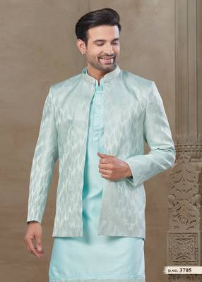 Sky blue fancy silk kurta pyjama with jacquard silk modi jacket indo western for mens wear 1