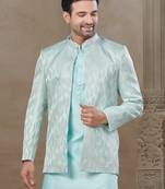 Sky blue fancy silk kurta pyjama with jacquard silk modi jacket indo western for mens wear