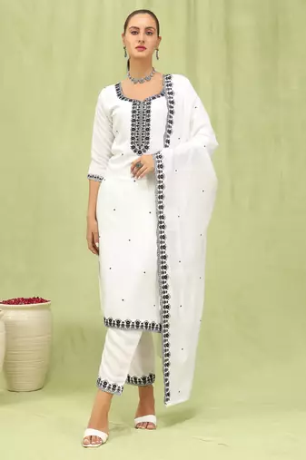 White embroidered viscose roman silk salwar suit