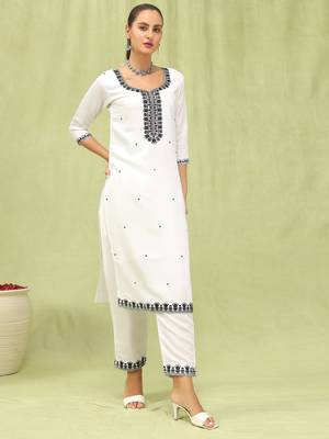 White embroidered viscose roman silk salwar suit 4
