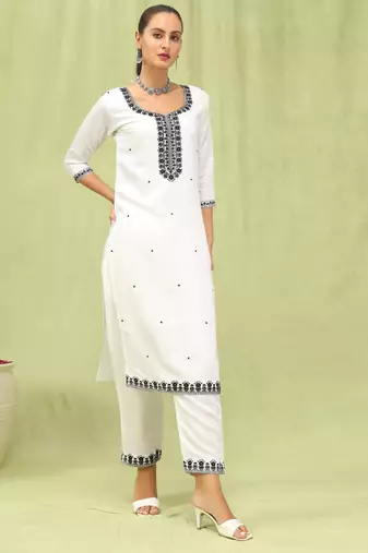 White embroidered viscose roman silk salwar suit