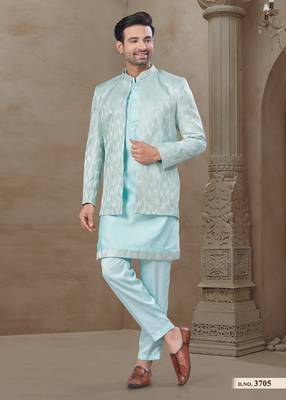 Sky blue fancy silk kurta pyjama with jacquard silk modi jacket indo western for mens wear 2