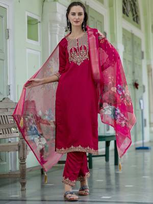 Pink embroidered viscose roman silk salwar suit 1