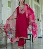 Pink embroidered viscose roman silk salwar suit
