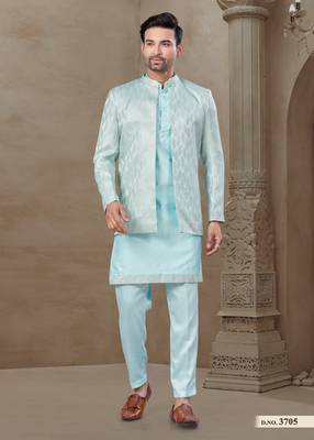 Sky blue fancy silk kurta pyjama with jacquard silk modi jacket indo western for mens wear 3