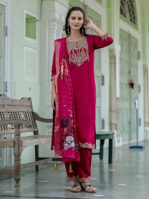 Pink embroidered viscose roman silk salwar suit 2