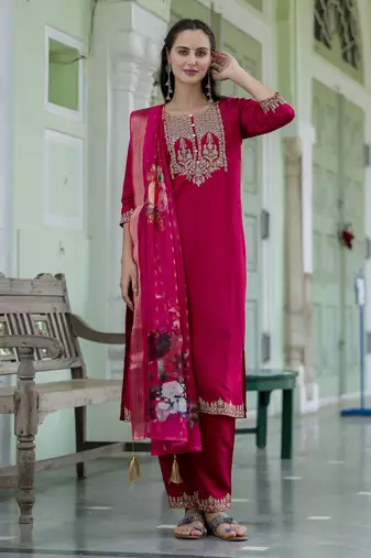 Pink embroidered viscose roman silk salwar suit