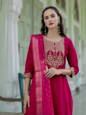 Pink embroidered viscose roman silk salwar suit 3