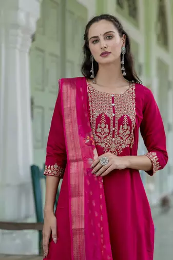Pink embroidered viscose roman silk salwar suit
