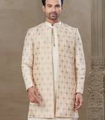 Cream fancy silk kurta pyjama with jacquard silk modi jacket indo western for mens wear