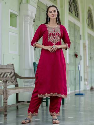 Pink embroidered viscose roman silk salwar suit 4