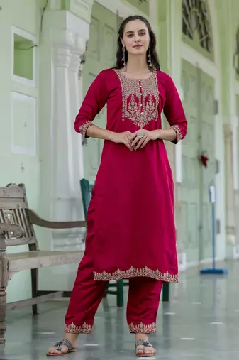 Pink embroidered viscose roman silk salwar suit