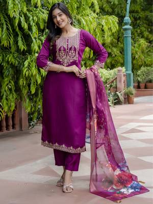 Purple embroidered viscose roman silk salwar suit 1