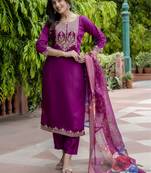 Purple embroidered viscose roman silk salwar suit