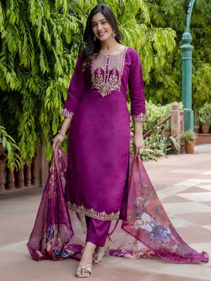 Purple embroidered viscose roman silk salwar suit 2
