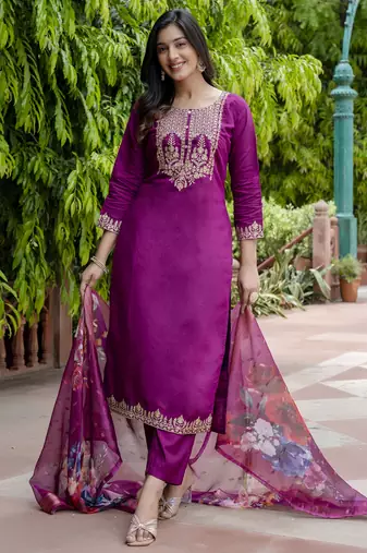 Purple embroidered viscose roman silk salwar suit